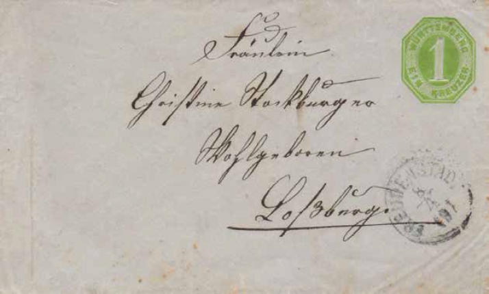 Abbildung 1: Ganzsachenumschlag 1 Kreuzer, Vorderseite, von Freudenstadt 8 4 (9) nach Loßburg.